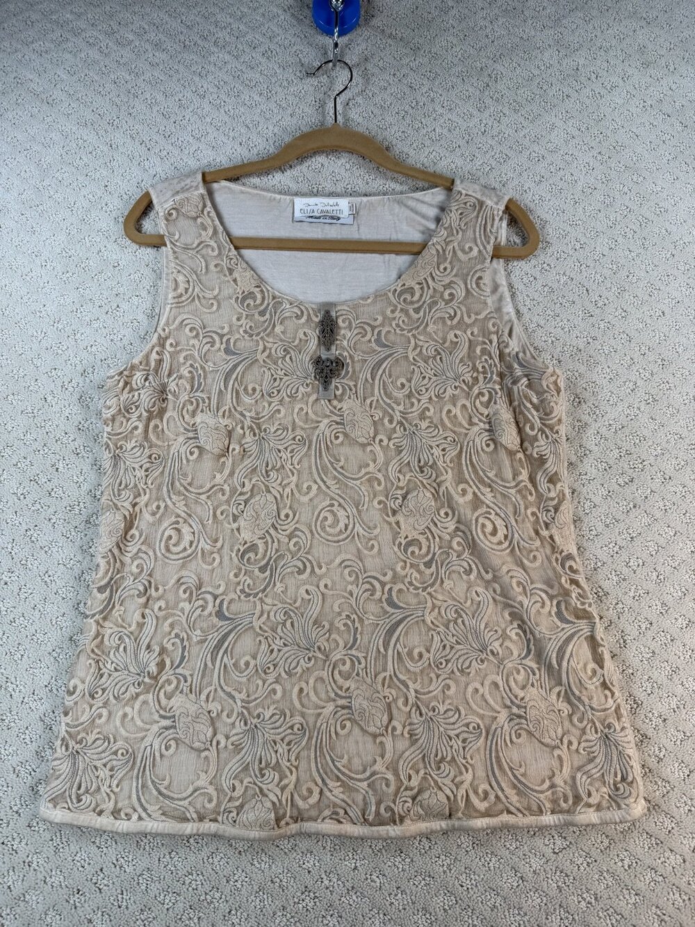 Elisa Cavaletti Embroidered Lace Sleeveless Top Womens Beige Keyhole Neck Size L